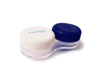 Kontaktlinsenbox-modern-sehr stabil-handlich-mit Gummiverschluss-Blau / Weiss