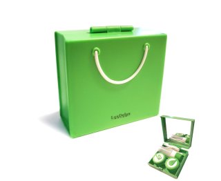 Aufbewahrung für Kontaktlinsen Designerbag Design - Stabil in Grün + Zubehör: Fläschen, Pinzette, Kontaktlinsendose