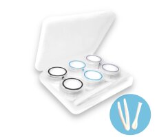 Kontaktlinsen Aufbewahrungsbox-SET-sehr stabil-mit Gummiverschluss-3 Stück-kompakt-Lila/Blau/Schwarz + Zubehör