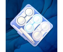 Kontaktlinsen Aufbewahrungsbox-SET-sehr stabil-mit Gummiverschluss-3 Stück-kompakt-Lila/Blau/Schwarz + Zubehör