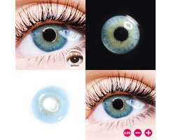 LuxDelux Bonito Blue Beige Farblinsen / Monatslinsen - stark deckende farbige Kontaktlinsen hellblau / beige + GRATIS BOX