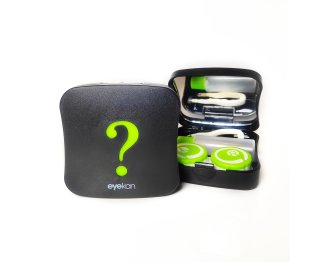 Reiseetui schwarz / grün Mystery Fragezeichen für Kontaktlinsen  - Set mit Pinzette, Saugnapf und Spiege