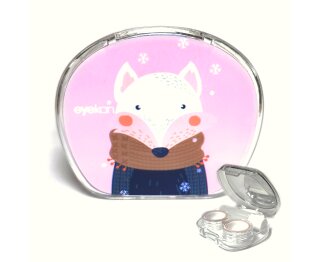 Niedlicher Fuchs - Kontaktlinsen Aufbewahrungsbehälter Rosa - Etui klein und süß Wintermotiv - Set mit Pinzette, Saugnapf, Box und Spiegel