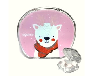 Niedlich Reh - Kontaktlinsen Aufbewahrungsbehälter Rosa - Etui klein und süß Wintermotiv - Set mit Pinzette, Saugnapf, Box und Spiegel
