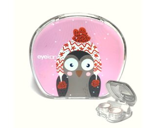 Kontaktlinsen Aufbewahrungsbehälter Rosa - Etui klein und süß Winter Motiv - Set mit Pinzette, Saugnapf, Box und Spiegel - süße Eule