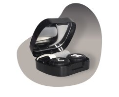 Kontaktlinsen gruselige schwarze Aufbewahrung   / Aufbewahrungsbox als Set mit Pinzette, Behälter, Spiegel und Fläschen für Unterwegs  - Face / Smiley